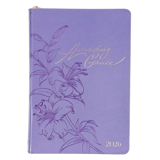 2026 Amazing Grace Purple Faux Leather Executive Planner with Zipper Closure - The Christian Gift Company