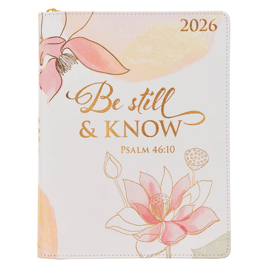 2026 Be Still Large Zippered Pink Faux Leather 18-month Planner for Women - The Christian Gift Company