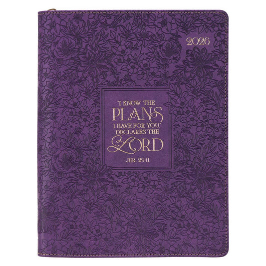 2026 I Know The Plans Large Zippered Purple Faux Leather 18-month Planner for Women - Jeremiah 29:11 - The Christian Gift Company