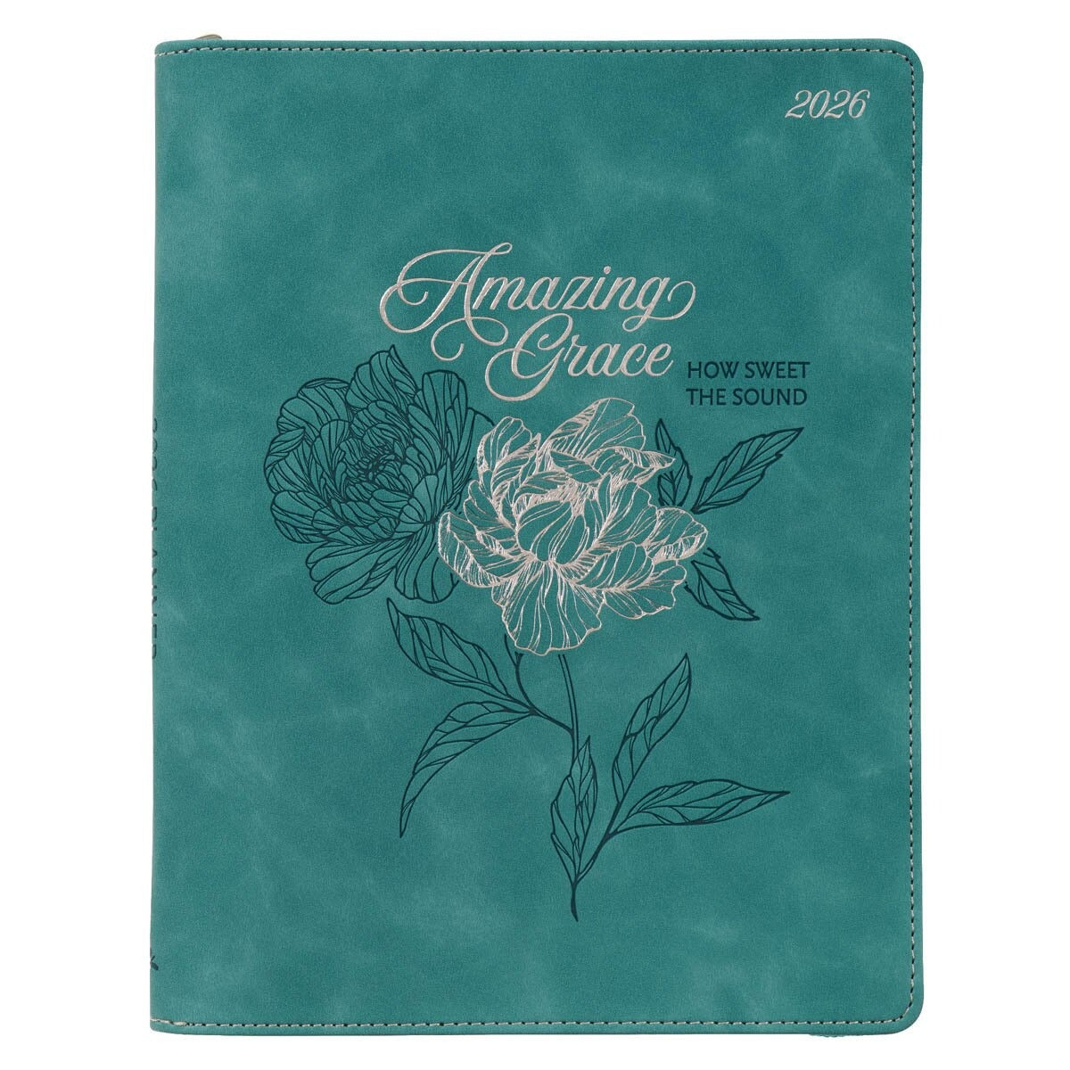 2026 Amazing Grace Large Zippered Teal Faux Leather 18-Month Planner for Women - The Christian Gift Company