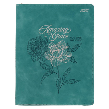 2026 Amazing Grace Large Zippered Teal Faux Leather 18-Month Planner for Women - The Christian Gift Company