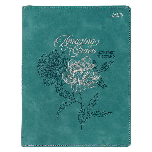 2026 Amazing Grace Large Zippered Teal Faux Leather 18-Month Planner for Women - The Christian Gift Company