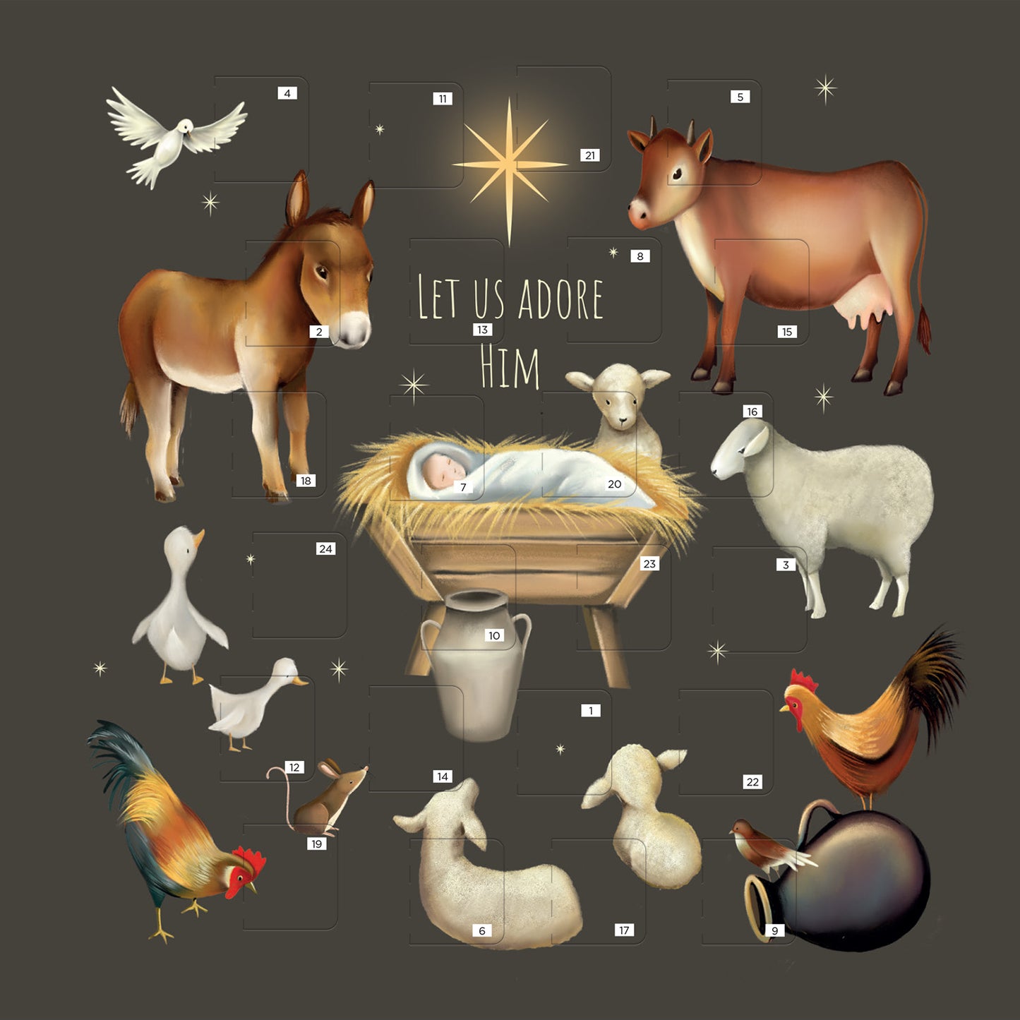 Christmas Story Square Advent Calendar Card - Manger with Animals