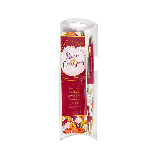Strong And Courageous Floral Pen And Bookmark Set - The Christian Gift Company