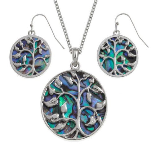 Paua Shell Tree Of Life Leaves Necklace And Earrings Set - The Christian Gift Company