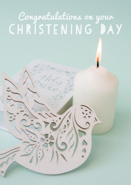 Christening Card - Bible Candle And Dove - The Christian Gift Company