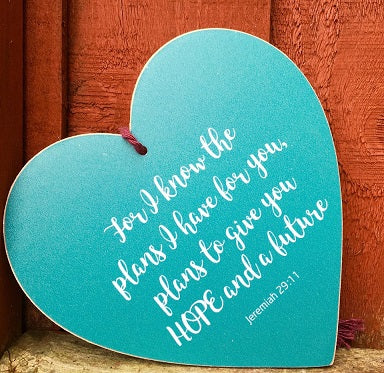 For I Know The Plans Teal Hanging Heart Decoration - The Christian Gift Company