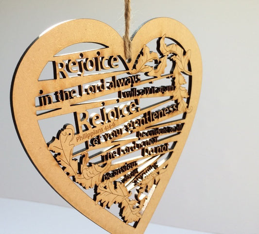 Rejoice in the Lord Wooden Hanging Heart - The Christian Gift Company