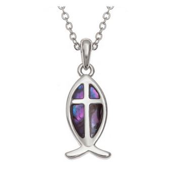 Paua Shell Fish Necklace With Cross (Purple) - The Christian Gift Company