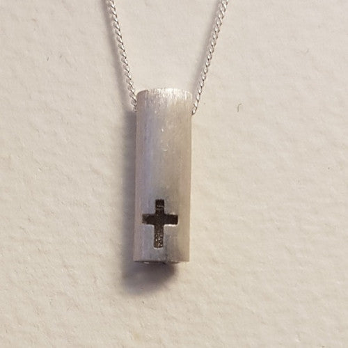 Brushed Silver Tube Pendant With Cut Out Cross - The Christian Gift Company