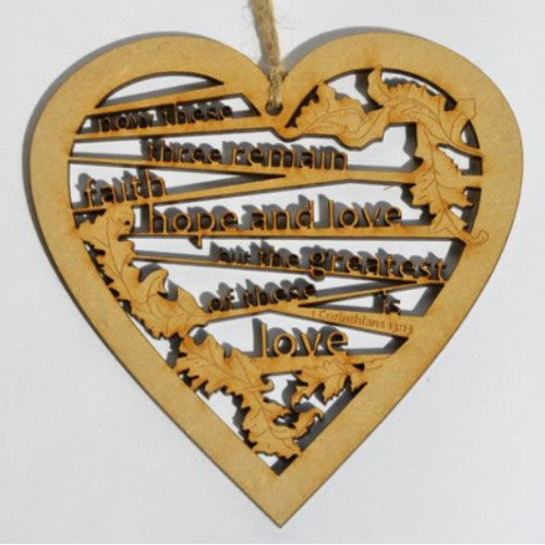Faith Hope Love Laser Cut Wooden Heart - The Christian Gift Company