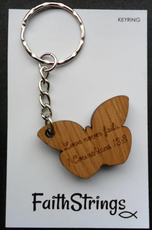 Wooden Keyring - 1 Corinthians 13:8 - The Christian Gift Company